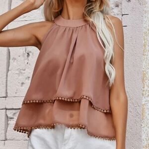 Womens Solid Tiered Halter Top Large